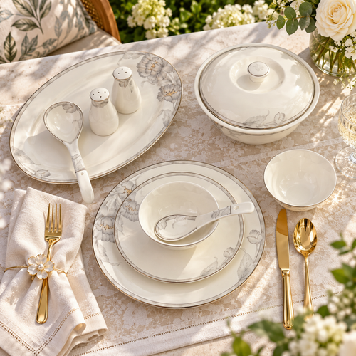 Ethereal Silver Bloom Muted Grey Floral Fine Dinner Set 39 Pcs