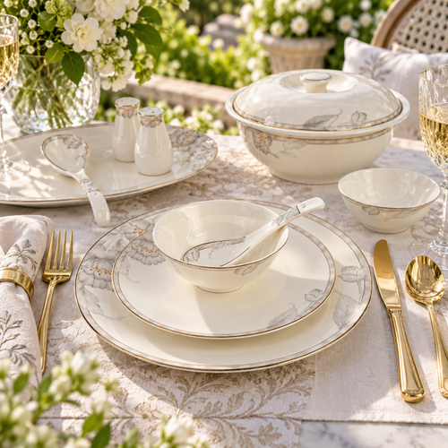 Ethereal Silver Bloom Muted Grey Floral Fine Dinner Set 39 Pcs