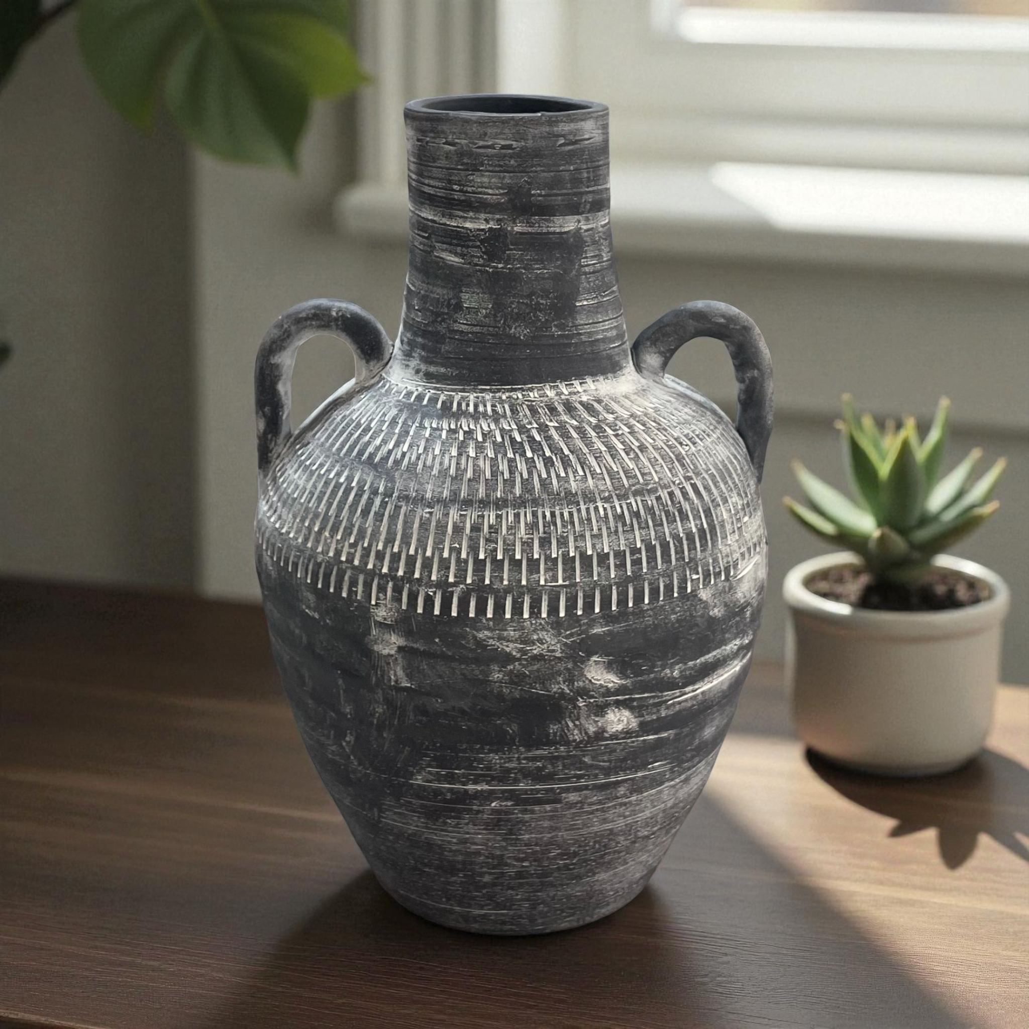 Antique Grey Ceramic Vase with Dual Handles