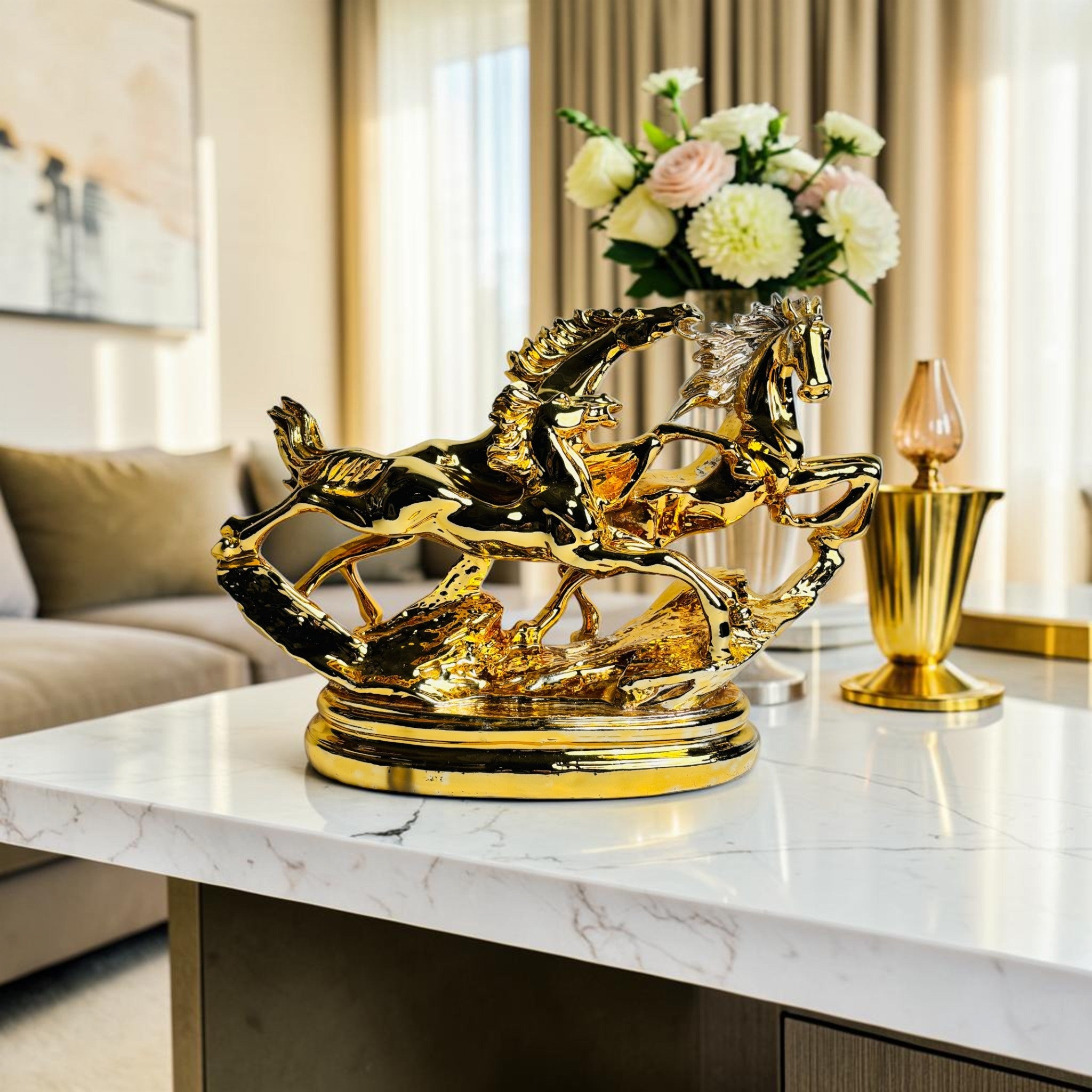 Golden 3 Horse Showpiece