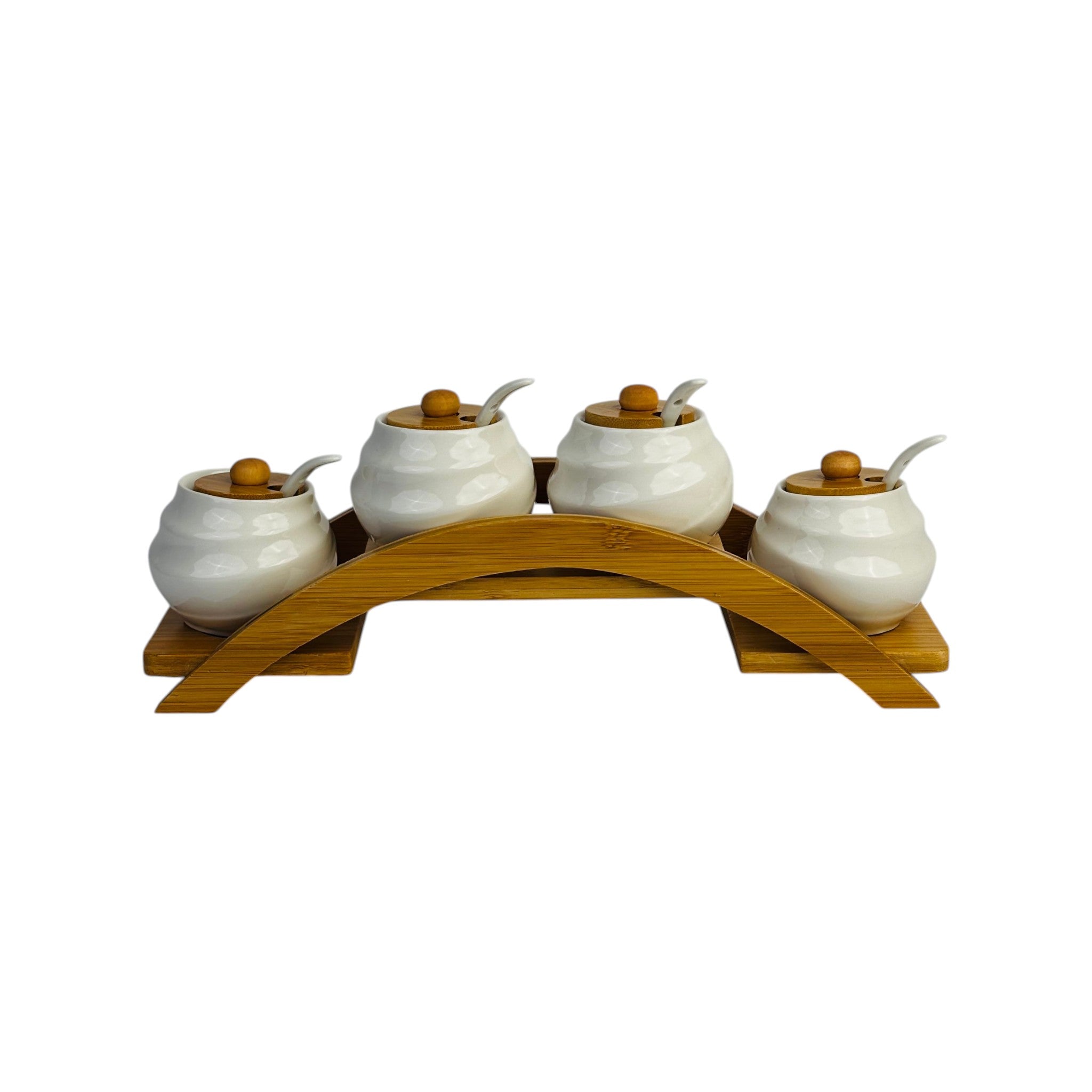 Elegant Ceramic Spice Jar Set with Wooden Stand (4-Piece)