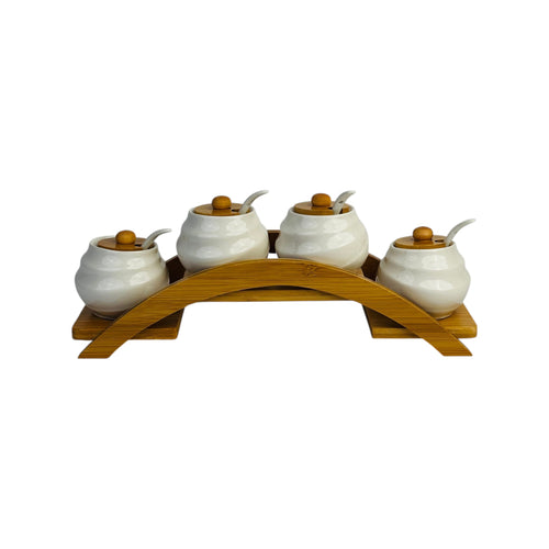 Elegant Ceramic Spice Jar Set with Wooden Stand (4-Piece)