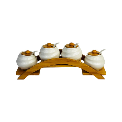 Elegant Ceramic Spice Jar Set with Wooden Stand (4-Piece)