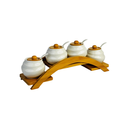 Elegant Ceramic Spice Jar Set with Wooden Stand (4-Piece)