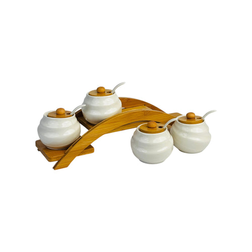 Elegant Ceramic Spice Jar Set with Wooden Stand (4-Piece)