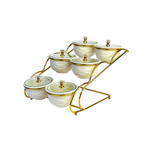 Elegant 6-Piece Ceramic Condiment Set with Gold Stand