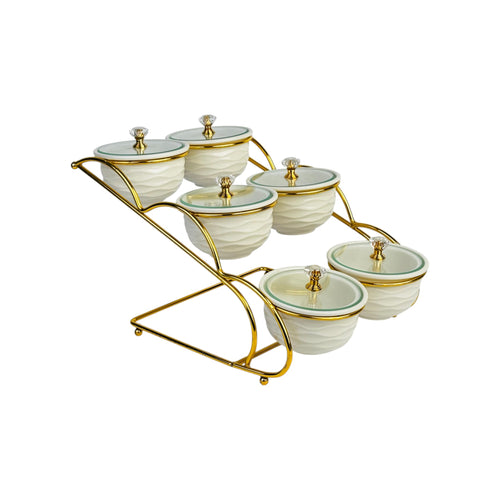 Elegant 6-Piece Ceramic Condiment Set with Gold Stand