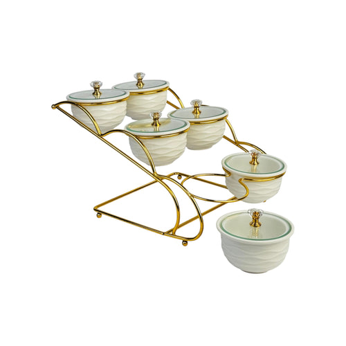Elegant 6-Piece Ceramic Condiment Set with Gold Stand