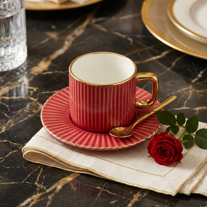 Crimson Red Cups with Gold Rim & Handle Set of 6