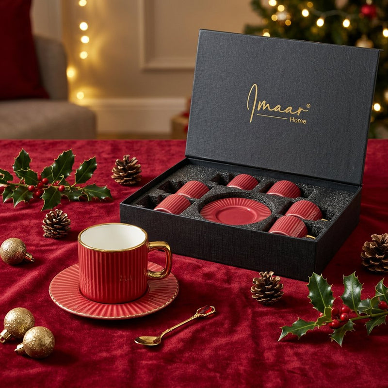 Crimson Red Cups with Gold Rim & Handle Set of 6