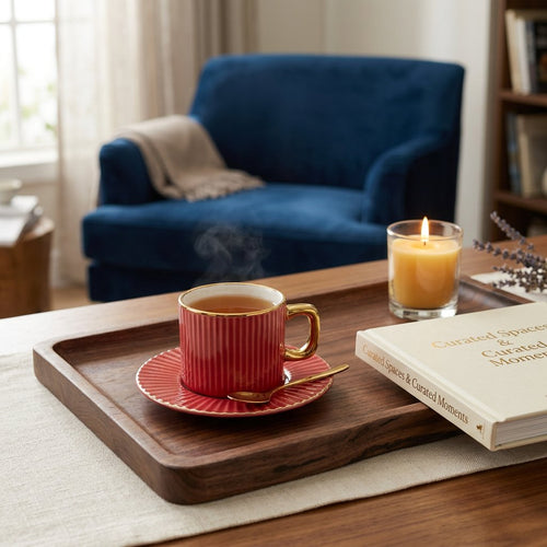Crimson Red Cups with Gold Rim & Handle Set of 6