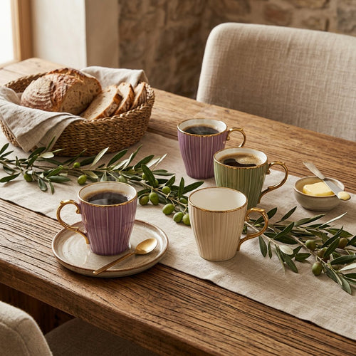 Tapered Striped Cups with Gold Rim & Handle Set of 6