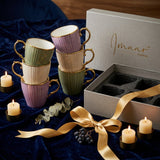 Tapered Striped Cups with Gold Rim & Handle Set of 6