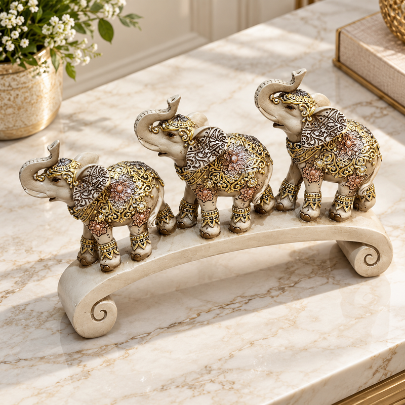 Royal Elephant Trio Figurine on Curved Arch Bridge