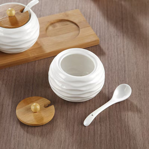Elegant Ceramic Spice Jar Set with Wooden Stand (4-Piece)