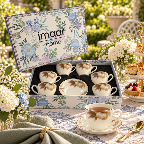 Amber Bloom & Gold Fine Teacup & Saucer Set 12 Pcs