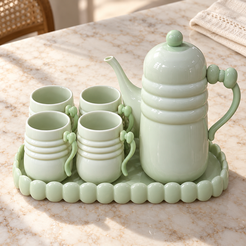 Elegant Pastel Green Ribbed Ceramic Tea Pot Set with Cups & Scalloped Tray