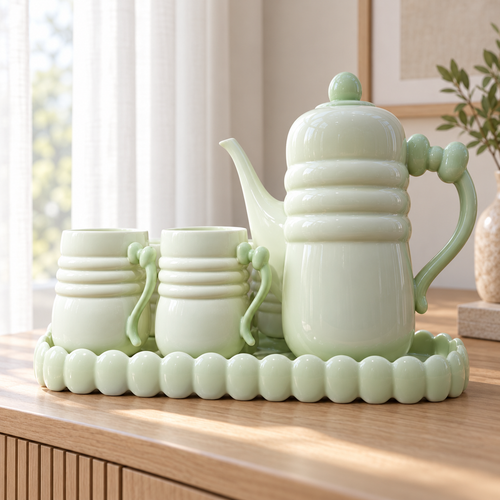 Elegant Pastel Green Ribbed Ceramic Tea Pot Set with Cups & Scalloped Tray