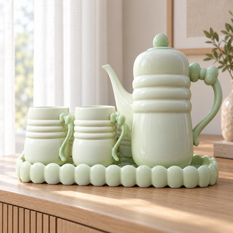 Elegant Pastel Green Ribbed Ceramic Tea Pot Set with Cups & Scalloped Tray