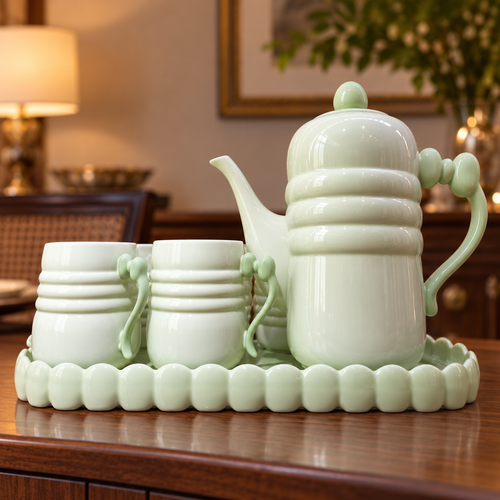 Elegant Pastel Green Ribbed Ceramic Tea Pot Set with Cups & Scalloped Tray