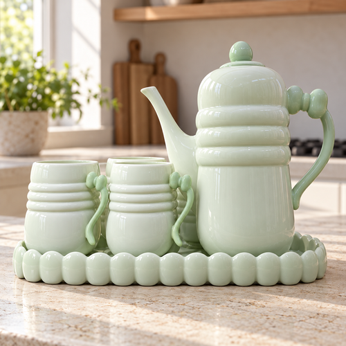 Elegant Pastel Green Ribbed Ceramic Tea Pot Set with Cups & Scalloped Tray