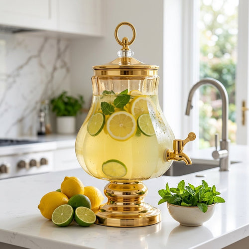 Luxury Amber Glass Dispenser with Gold Pedestal & Tap