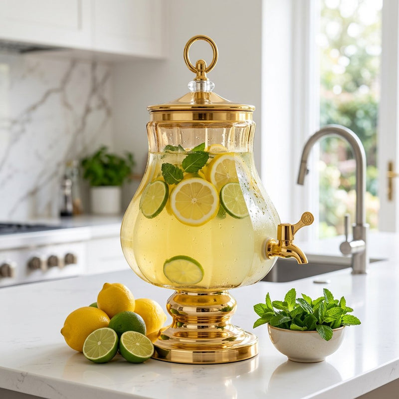 Luxury Amber Glass Dispenser with Gold Pedestal & Tap