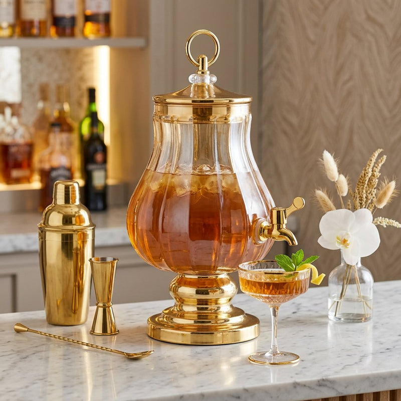 Luxury Amber Glass Dispenser with Gold Pedestal & Tap