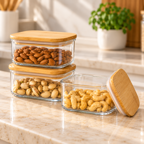 3-Piece Rectangular Jar Set with Wooden Lids