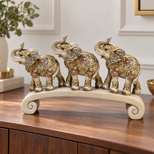 Royal Elephant Trio Figurine on Curved Arch Bridge