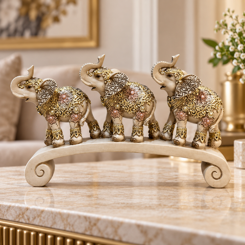 Royal Elephant Trio Figurine on Curved Arch Bridge