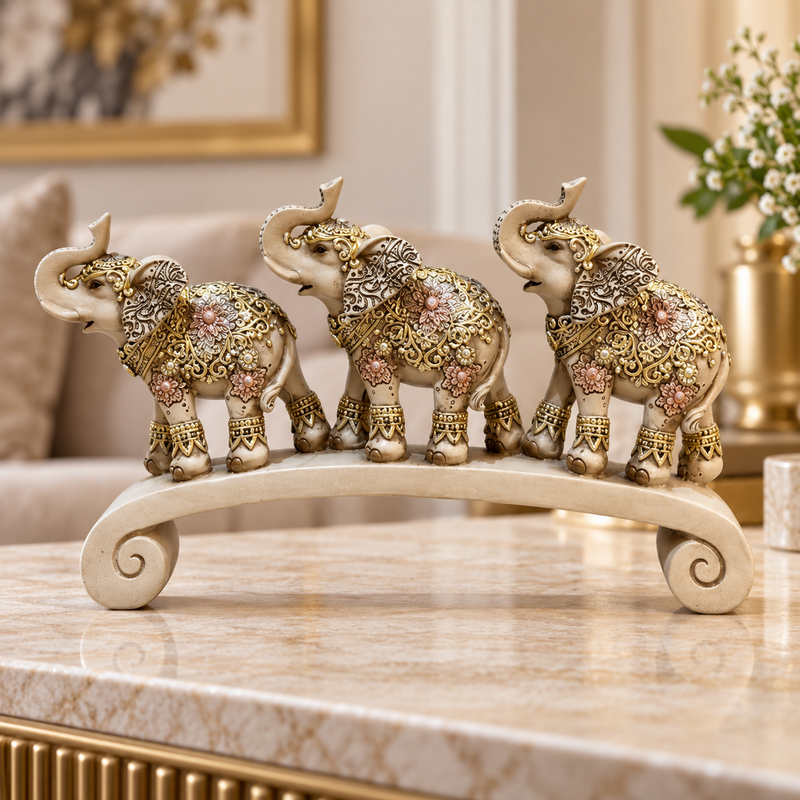 Royal Elephant Trio Figurine on Curved Arch Bridge