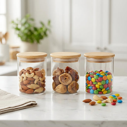 3 Pack Glass Kitchen Canister Set with Bamboo Lids