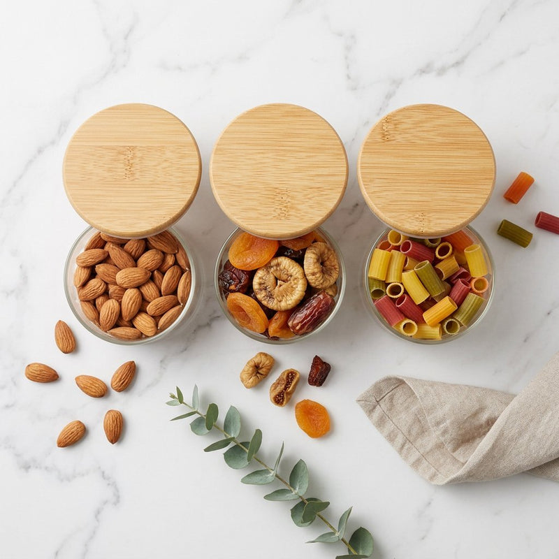 3 Pack Glass Kitchen Canister Set with Bamboo Lids