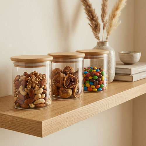 3 Pack Glass Kitchen Canister Set with Bamboo Lids