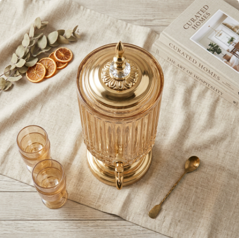 2.8L Amber Glass Beverage Dispenser with Gold Spigot & Base