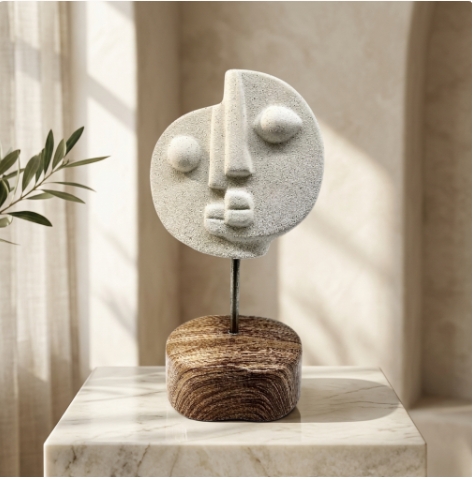 Abstract Cubist Face Sculpture on Wooden Stand