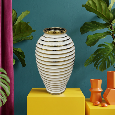 White & Gold Horizontal Striped Ceramic Vase