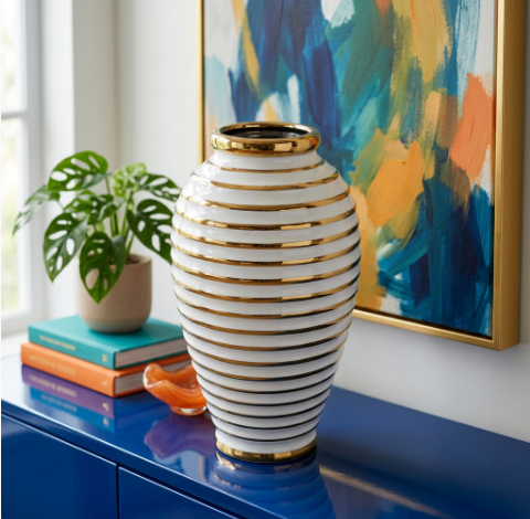 White & Gold Horizontal Striped Ceramic Vase