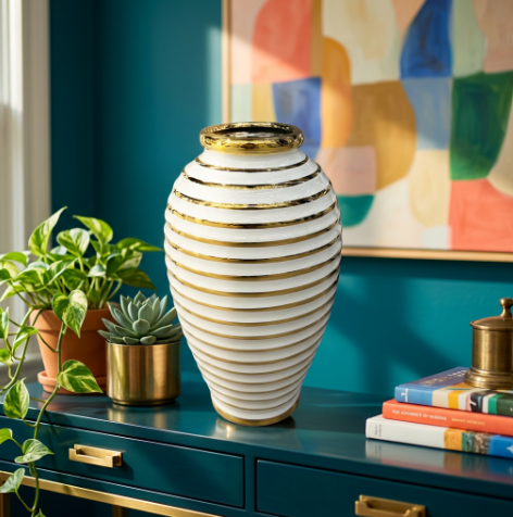 White & Gold Horizontal Striped Ceramic Vase