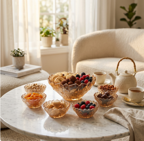 Elegant Amber Crystal Glass Dessert Bowl Set of 7