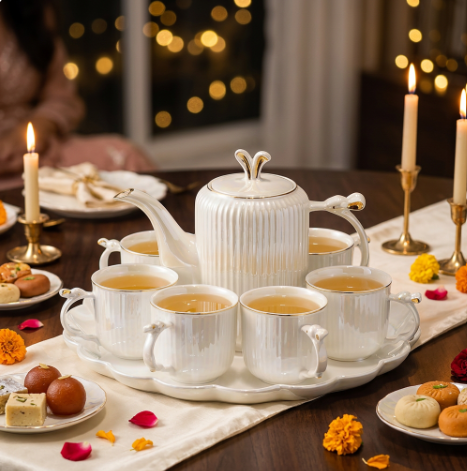 Pearlized Ceramic Tea Set with Gold Trim & Tray 8 Piece