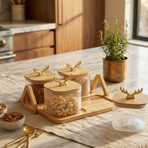 Gold Antler & Ribbed Glass Serving Set with Wooden Display Tray