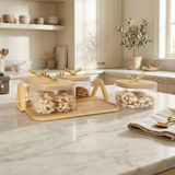 Gold Antler & Ribbed Glass Serving Set with Wooden Display Tray
