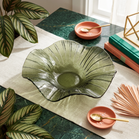 Olive Wave Sculptural Textured Glass Centerpiece