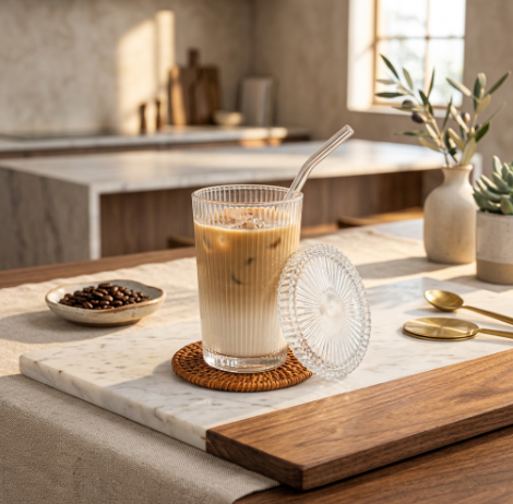 Elegant Coffee & Beverage Glass with Lid & Straw