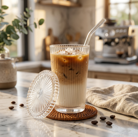 Elegant Coffee & Beverage Glass with Lid & Straw