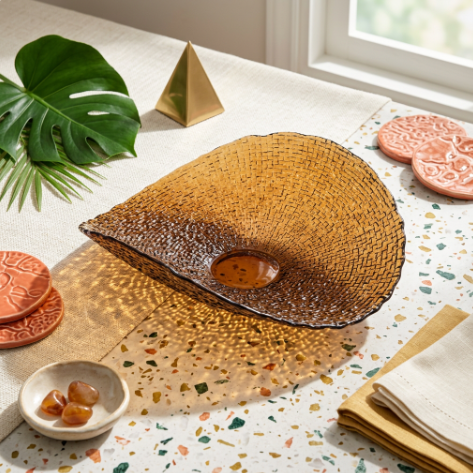 Amber Woven-Texture Glass Centerpiece Platter