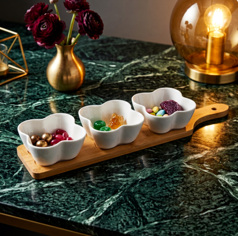 Modern Trio Snack Bowls with Wooden Serving Tray
