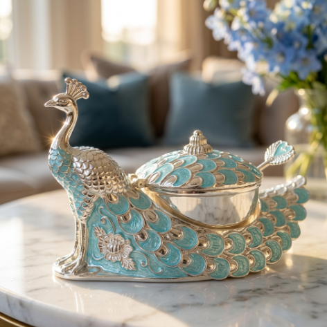 Royal Peacock Serving Bowl with Lid & Spoon
